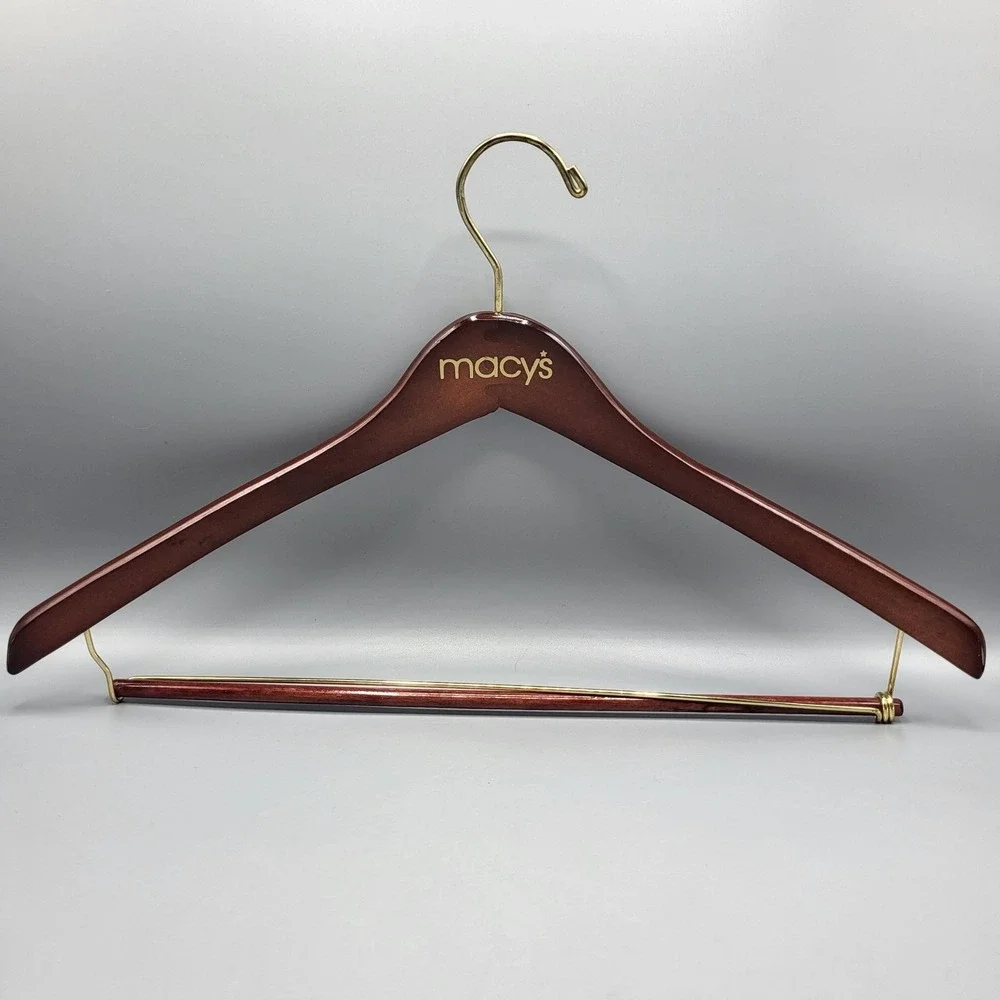 Vintage Set Of 3 Macys Wooden Suit Hangers With Gold Metal Hooks & Trouser Bar